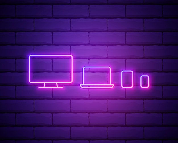 Glowing neon Computer monitor graphic tablet and mobile phone icon isolated on dark background Earnings in the Internet marketing Vector icon set isolated on brick wall