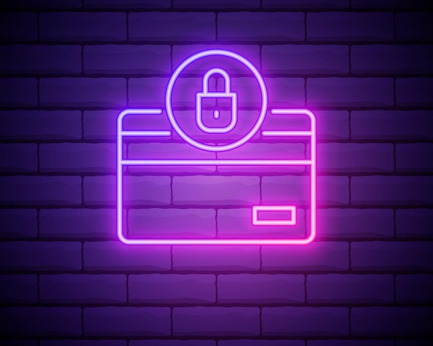 Glowing neon Credit card with lock icon isolated on brick wall background Locked bank card Security safety protection concept Concept of a safe payment Vector Illustration