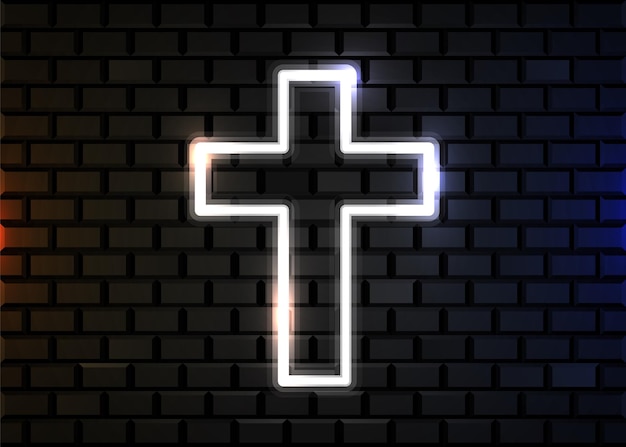 Glowing neon cross on brick wall wall. christian symbol.