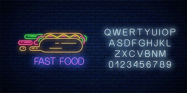 Vettore segno di fast food al neon luminoso con hot dog affrettato simbolo di consegna veloce in stile neon consegna di cibo