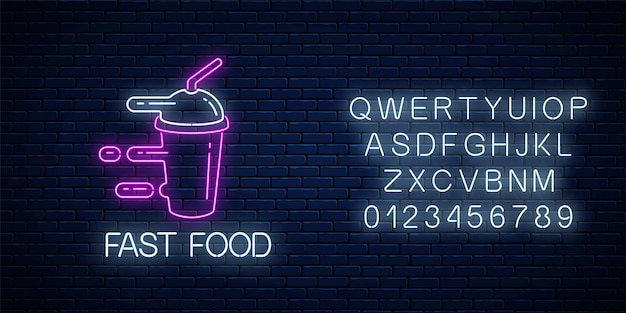 Glowing neon fast food sign with hurrying smoothie fast delivery symbol in neon style