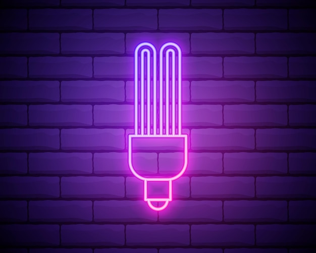 Vector glowing neon fluorescent light bulb shine icon isolated on brick wall background energy and idea symbol lamp electric vector illustration