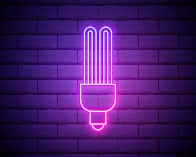 Вектор Светящаяся неоновая флуоресцентная лампочка сияет иконкой изолированы на фоне кирпичной стены символ энергии и идеи лампа электрическая векторная иллюстрация