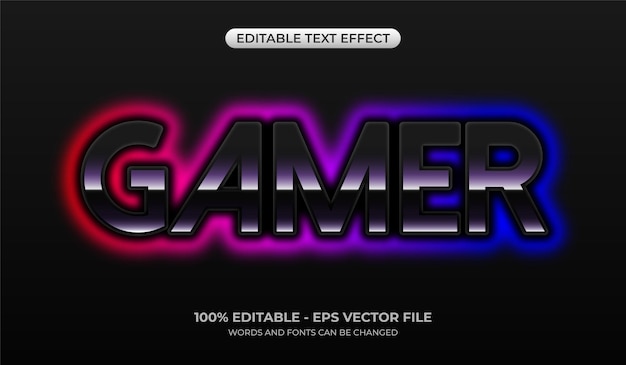 Vettore effetto di testo di giocatore futuristico al neon luminoso editabile stili grafici jetblack lucidi 3d gamermockup