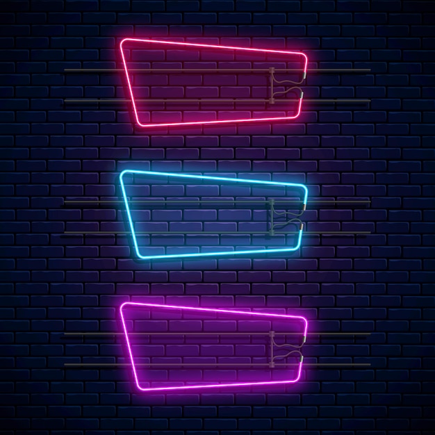 Vector glowing neon geometrical frames. neon light set. realistic glow signboard.