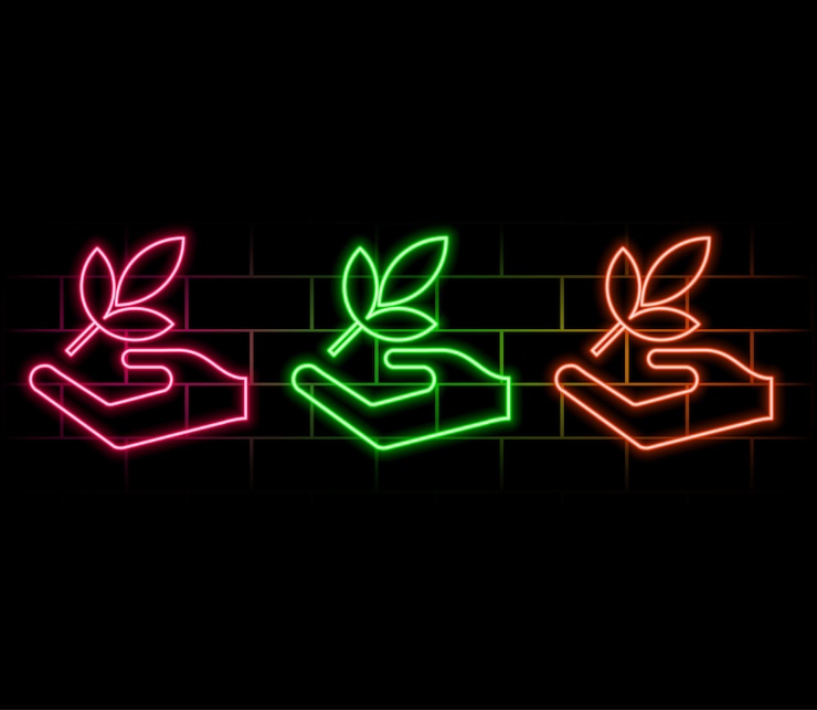 Vector glowing neon hand hold a leaf of the plant icon isolated on black background care nature leaf shoots