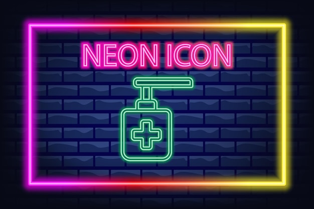 Glowing neon Hand sanitizer bottle icon isolated on brick wall background Disinfection concept Washing gel Alcohol bottle for hygiene Vector line icon