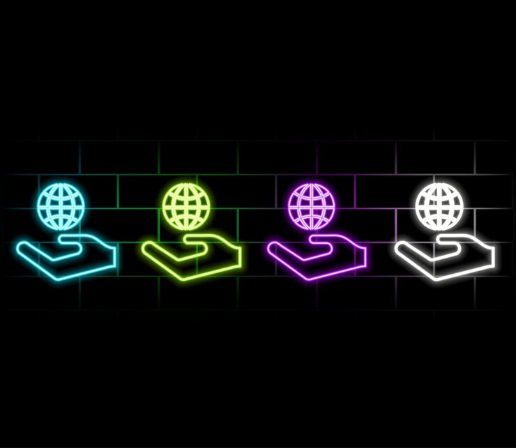 Vector glowing neon human hand holding earth globe icon isolated on brick wall background saved land concep