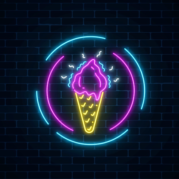 Vector glowing neon ice cream cone signboard in circle frames on dark brick wall background.