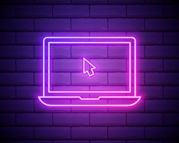 Glowing neon Laptop with cursor icon isolated on brick wall background Vector Illustration