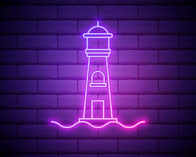 Icona del faro al neon incandescente isolata su sfondo muro di mattoni illustrazione vettoriale