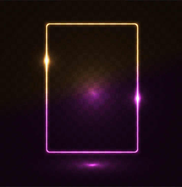 Vector glowing neon lighting frame with purple and orange background.