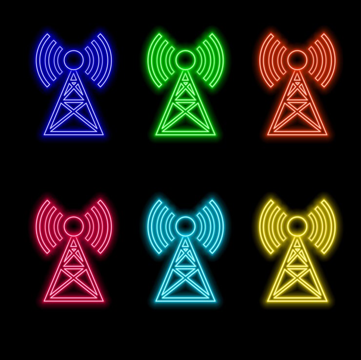 Vector glowing neon line antenna icon isolated on black background radio antenna wireless technology and ne