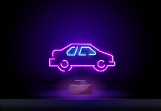 暗い背景に分離された輝くネオンラインのレンタカーアイコンは、自動車の車の看板のコンセプトを借りる