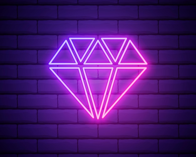 Glowing neon line Diamond icon isolated on brick wall background Jewelry symbol Gem stone Vector Illustration