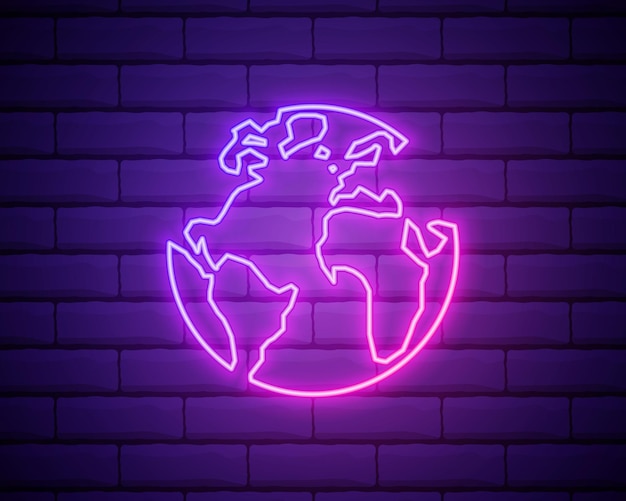 Glowing neon line Earth globe icon isolated on brick wall background World or Earth sign Global internet symbol Geometric shapes Vector Illustration