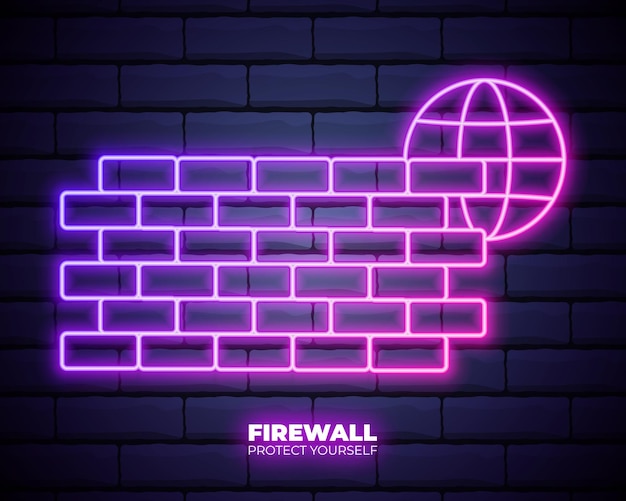 Linea al neon luminosa icona della parete di sicurezza del firewall isolata su sfondo di un muro di mattoni illustrazione vettoriale