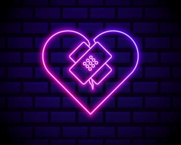 Vector glowing neon line healed broken heart. shattered and patched heart. love symbol.