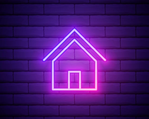 Glowing neon line House icon isolated on brick wall background Home symbol Vector