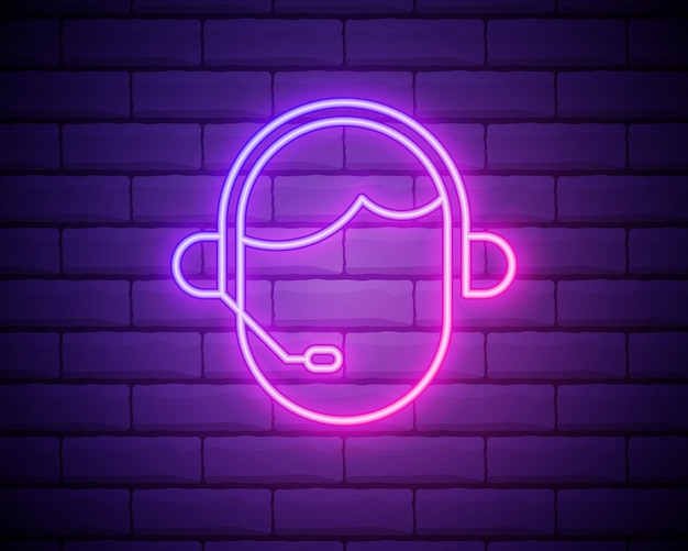 Vector glowing neon line man with a headset icon isolated on brick wall background support operator in touch concept for call center client support service colorful outline concept vector