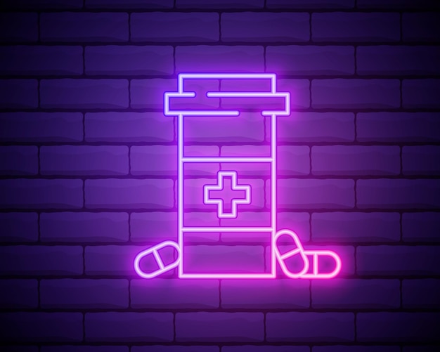 Светящаяся неоновая линия бутылка с лекарством и иконка таблетки изолированы на фоне кирпичной стены знак таблетки с таблеткой дизайн аптеки векторная иллюстрация