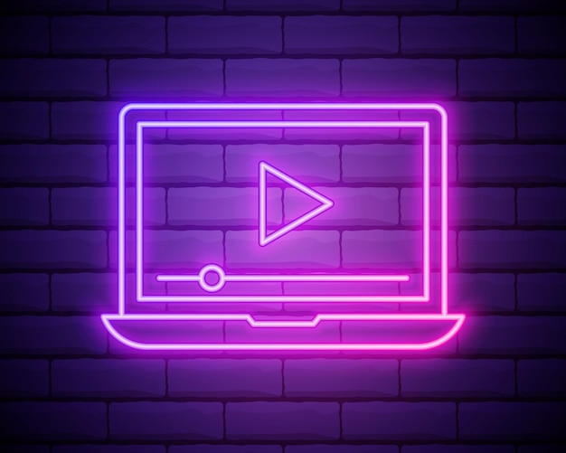 Glowing neon line Online play video icon isolated on brick wall background Laptop and film strip with play sign Vector Illustration