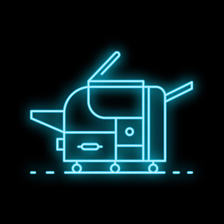Vector glowing neon line printer for printing documents icon illustration on dark background