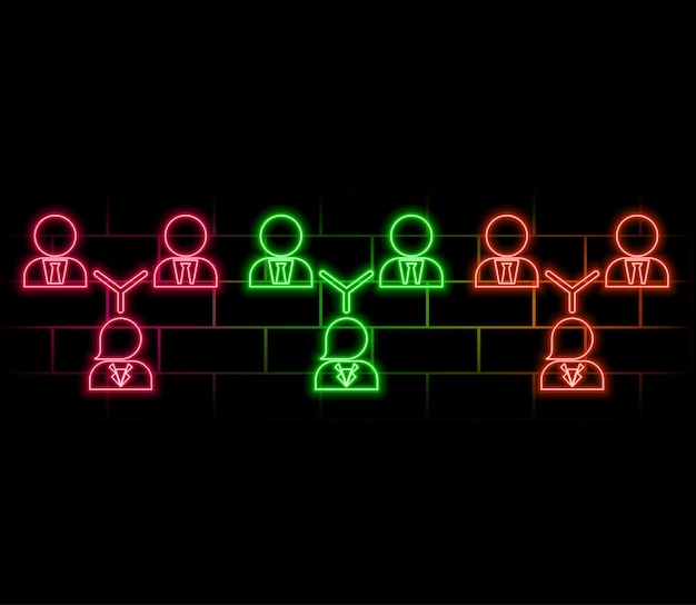 Glowing neon line Project team base icon isolated on brick wall background Business analysis and