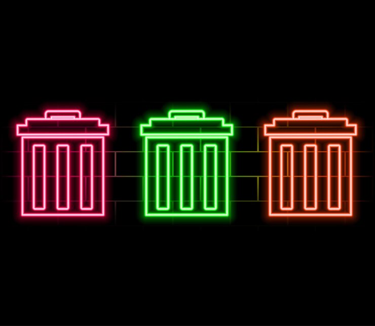 Vector glowing neon line trash can icon isolated on black background trash bin sign recycling basket icon