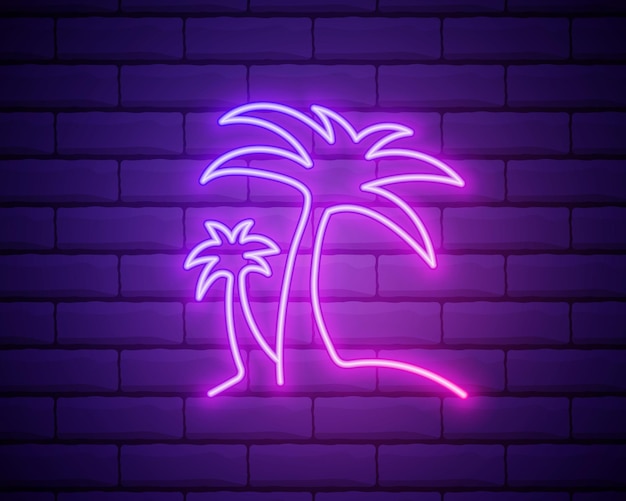 Glowing neon line Tropical palm tree icon isolated on brick wall background Coconut palm tree Colorful outline concept Vector