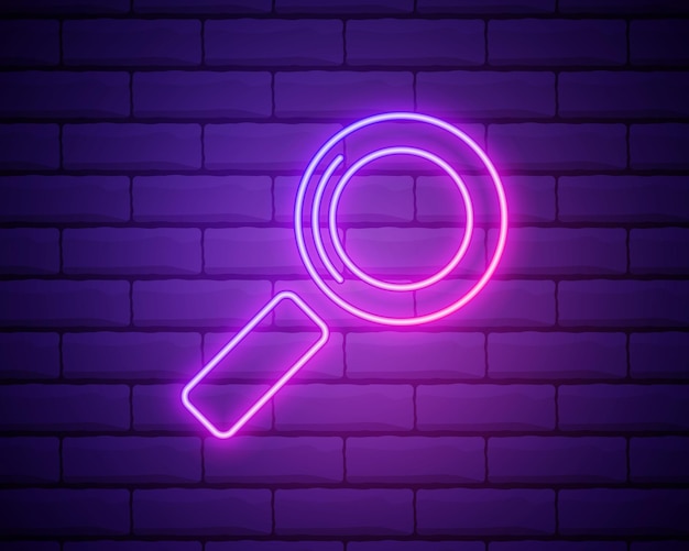 Glowing neon magnifying glass icon isolated on brick wall background search focus zoom business symbol vector illustration