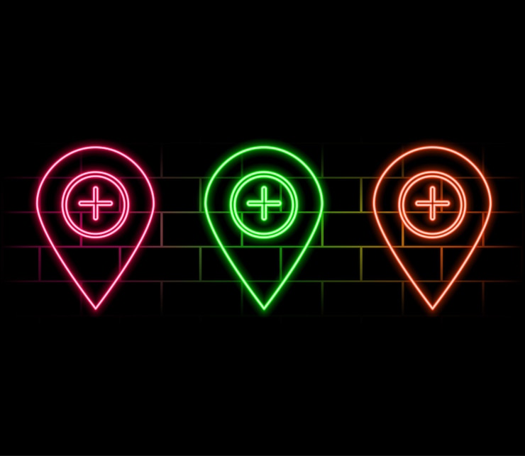 Vector glowing neon map pin icon isolated on brick wall background navigation pointer location map gps dire