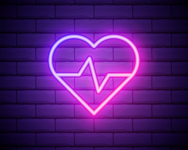 Segno di concetto di medicina al neon incandescente con grafico cardiogramma a forma di cuore su uno sfondo di muro di mattoni insegna pubblicitaria luminosa di farmacia o ospedale illustrazione vettoriale