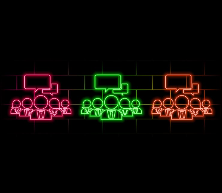 Vector glowing neon meeting icon isolated on brick wall background business team meeting concept of discuss