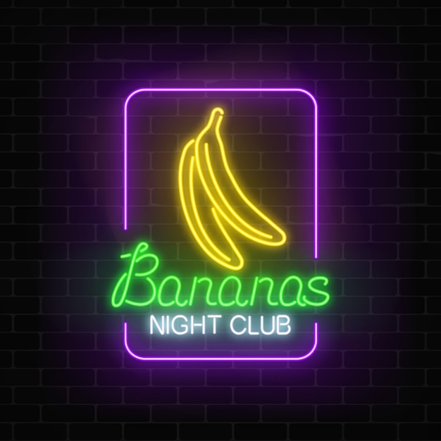 Glowing neon nightclub signboard with bananas in rectangle frame