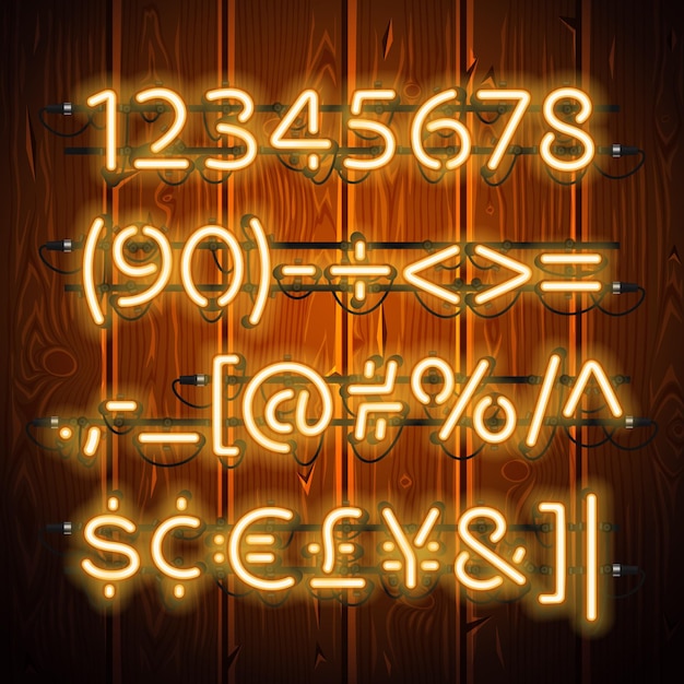 Vector glowing neon numbers on wooden background