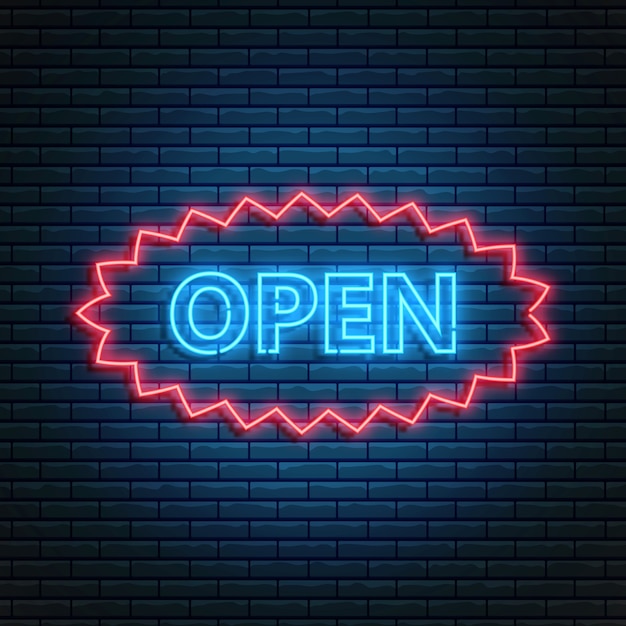 Glowing neon open 24/7 sign in ellipse frame. open shop, store or bar icon, text, banner in neon style.