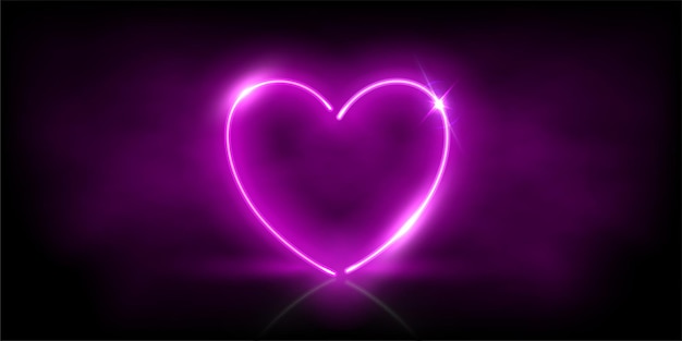 Glowing neon purple heart with sparkles in smoke