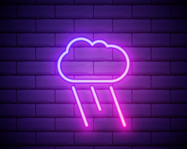 Vector glowing neon rainy weather icon on dark brick wall background rain symbol with cloud in neon style to weather forecast in mobile application vector illustration