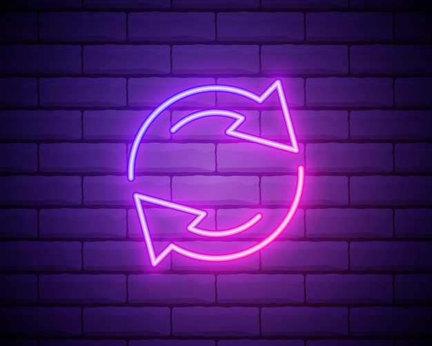 Glowing neon refresh icon isolated on brick wall background reload symbol rotation arrows in a circle sign vector illustration