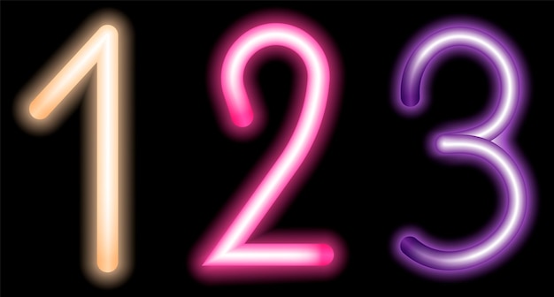 Glowing neon set of numbers one two three