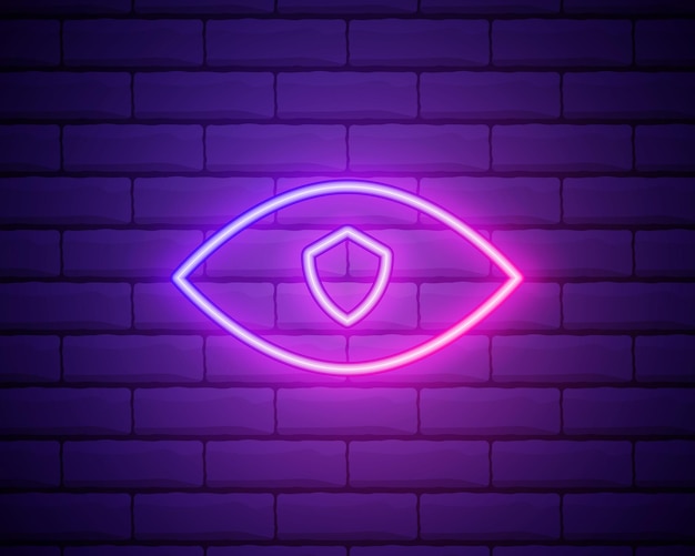 Glowing neon Shield and eye icon isolated on brick wall background Security safety protection privacy concept Vector Illustration