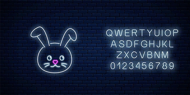 Glowing neon sign of cute rabbit in kawaii style Cartoon happy smiling bunny in neon style Vector