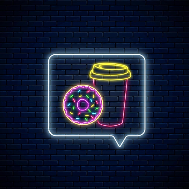 Glowing neon sign of donut and coffee cup in message notification frame on dark brick wall background. Food and drink symbol in speech bubble in neon style. Vector illustration.