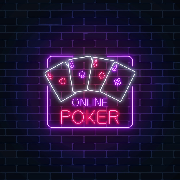 Vector glowing neon sign of online poker application in rectangle frame casino bright signboard.