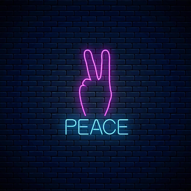 Glowing neon sign of peace gesture. vector illustration of hippie symbol in neon style.