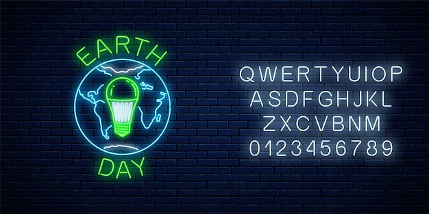 Glowing neon sign of world earth day with globe symbol green led light bulb Earth day neon banner