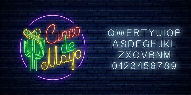 Светящийся неоновый знак праздника синко де майо с алфавитом в круглой рамке дизайн флаера мексиканского фестиваля