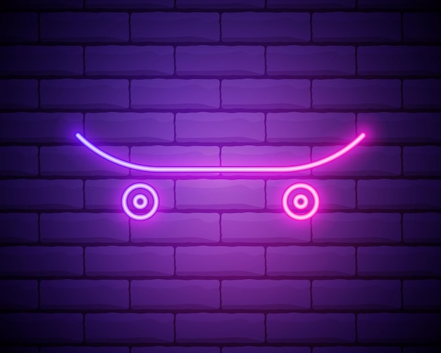 Glowing neon Skateboard trick icon isolated on brick wall background Extreme sport Sport equipment Vector Illustration