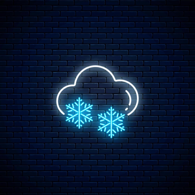 輝くネオン雪の天気アイコン。モバイルアプリケーションの天気予報にネオンスタイルの雲とスノーフレークシンボル